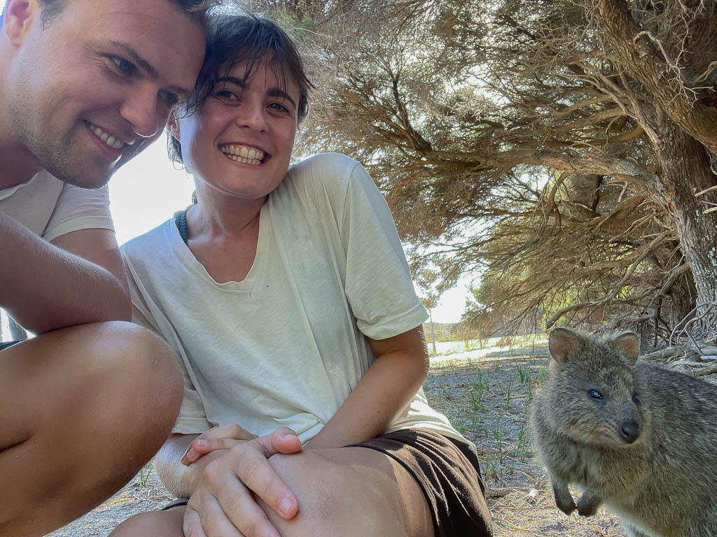 Sam and Natalia with a Quokka at Rottnest Island, Western Australia